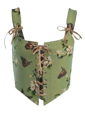 Green Floral Butterfly Lace-Up Corset Top